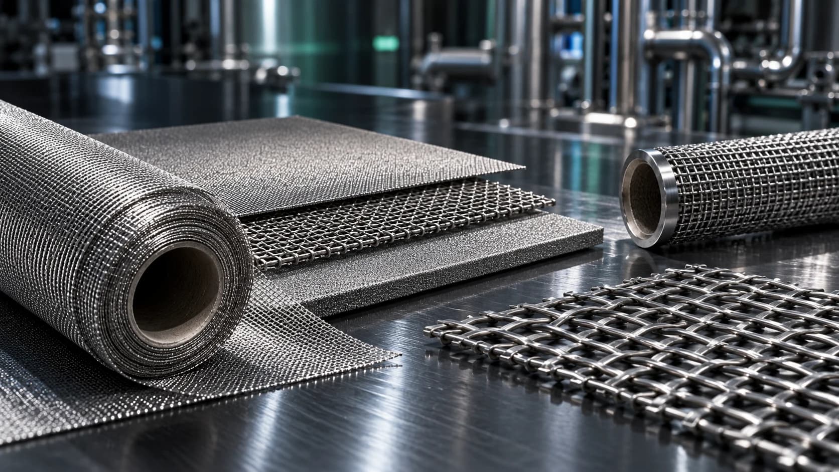 Illustration: rolls, sheets and tubes of woven metal mesh