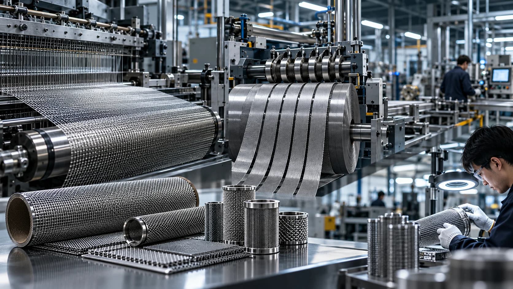Illustration: mesh weaving, slitting and finished filter elements on a production floor
