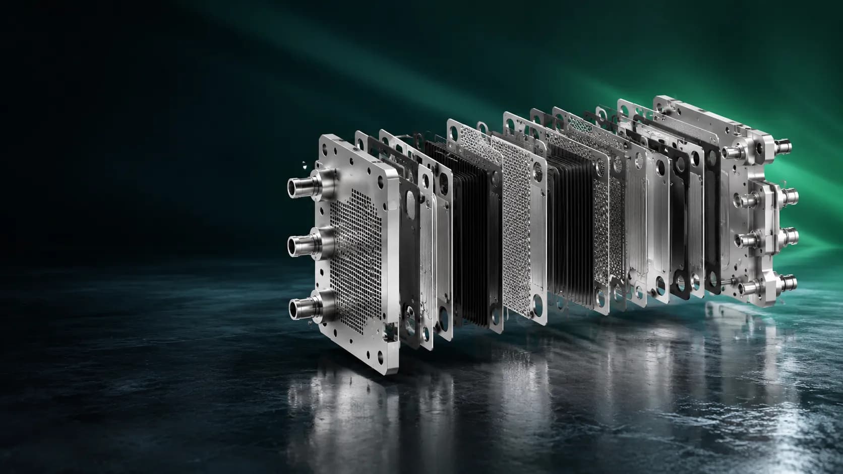 Illustration: exploded view of a fuel cell stack with mesh layers between the plates
