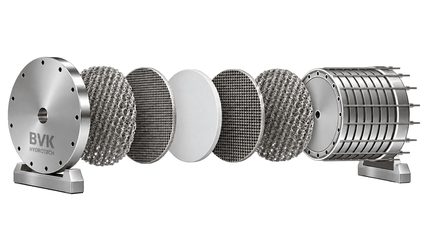 Exploded electrolyser assembly: knitted mesh gas diffusion layers, woven mesh cathode and anode electrodes and the membrane between end plates