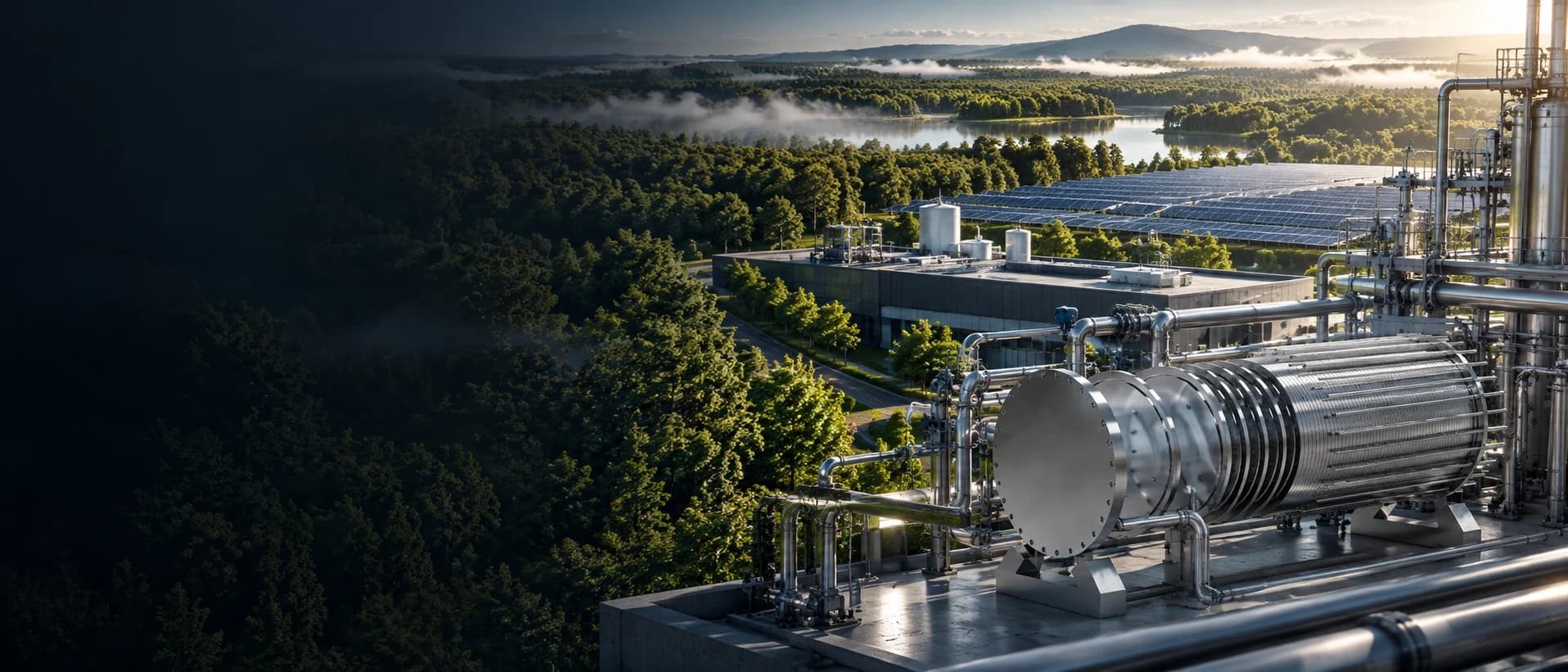 Illustration: Hydrogen plant set in a forested valley