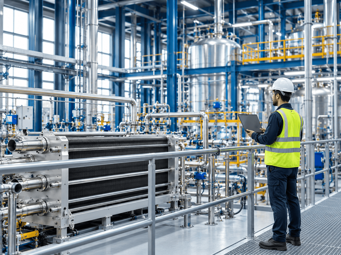 Illustration: Engineer inspecting an electrolyser assembly on a hydrogen plant platform