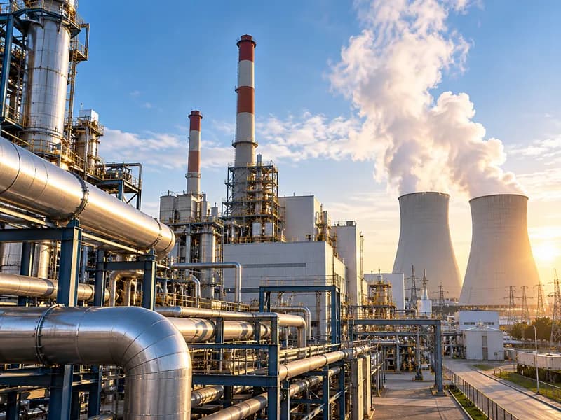 Power plant with cooling towers and stainless pipework