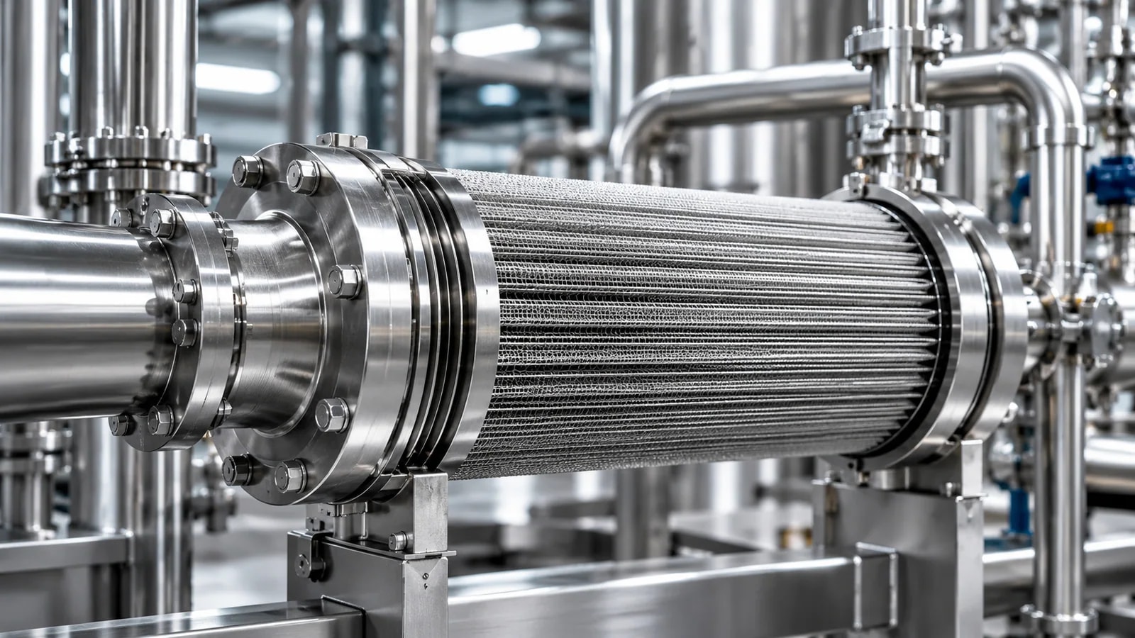 Metal mesh filter element in a flanged housing