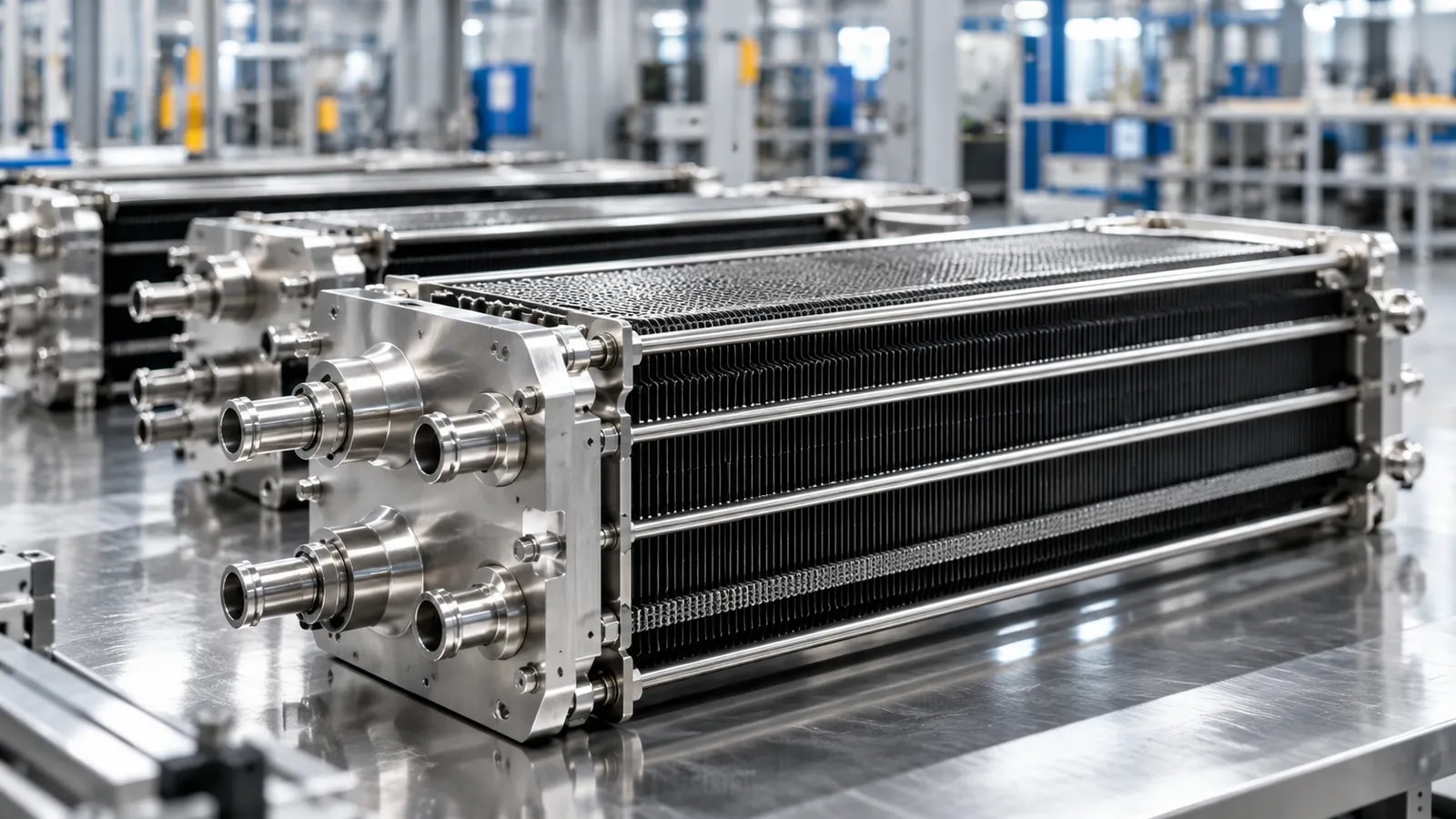 Electrolyser stacks on an assembly bench